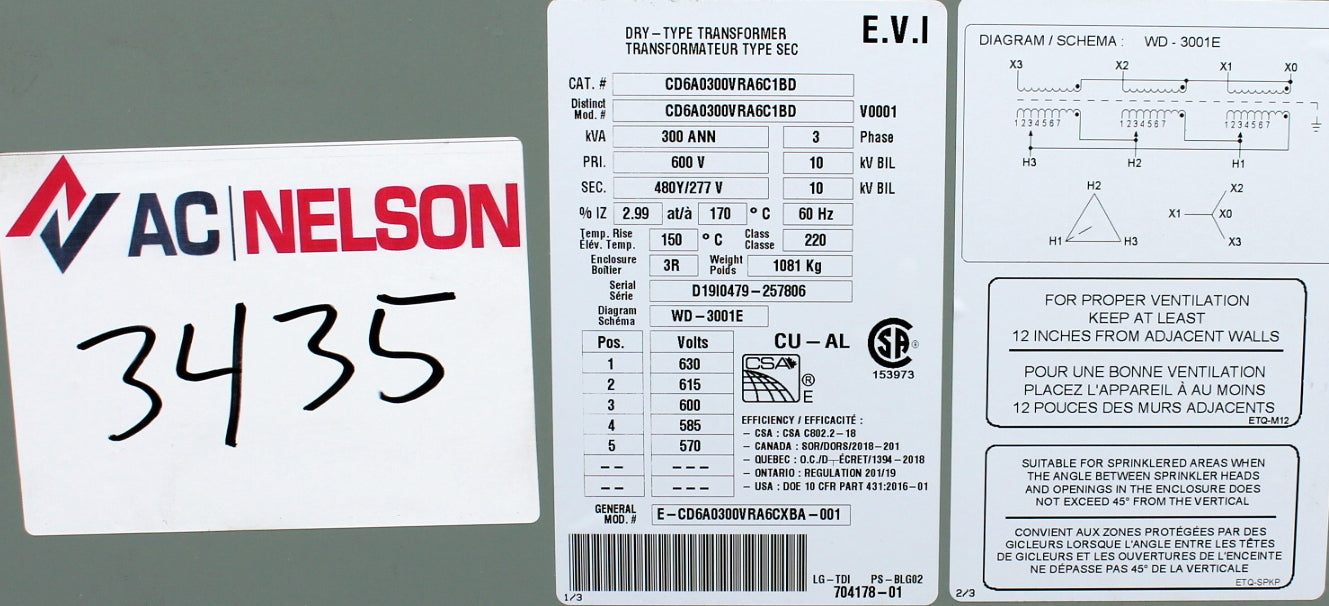300 kVA Delta Reconditioned Transformer 600-277/480V Cat No CD6A0300VRA6C1BD SKU 3435