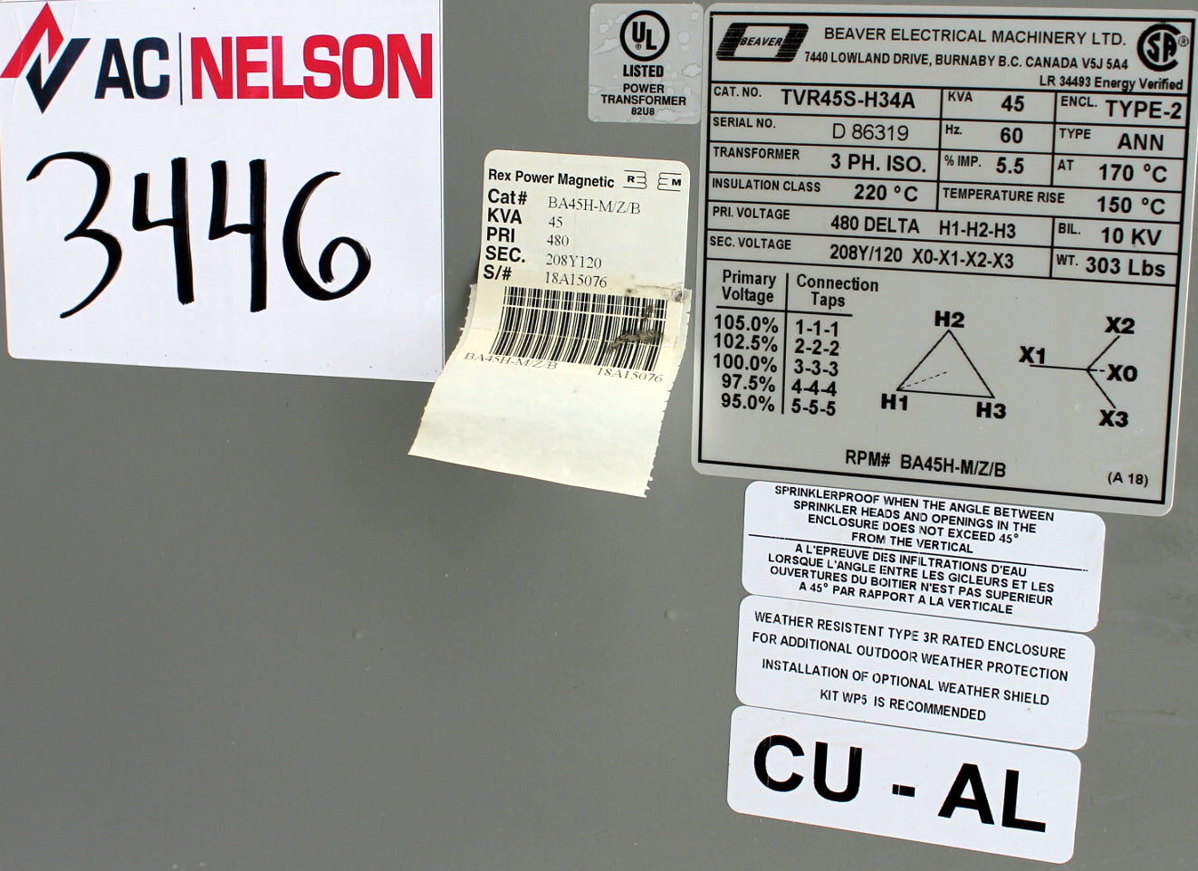 45 kVA Rex Reconditioned Transformer 480-120/208V Cat No TVR45S-H34A SKU 3446