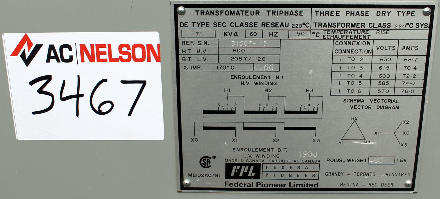 75 kVA FPE Reconditioned Transformer 600-120/208V Cat No 51507-7 SKU 3467