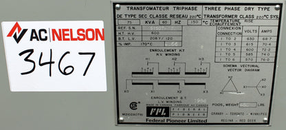75 kVA FPE Reconditioned Transformer 600-120/208V Cat No 51507-7 SKU 3467
