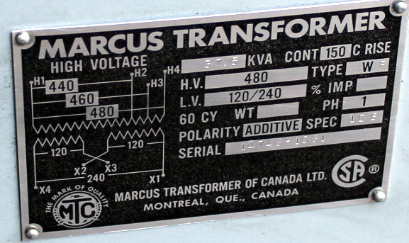 37.5 kVA Marcus Reconditioned Transformer 480-120/240V Cat No 14748-1081 SKU 3468