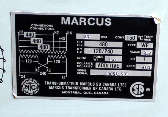 25 kVA Marcus Reconditioned Transformer 480-120/240V Cat No 13051-585 SKU 3469
