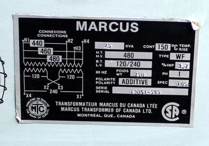 25 kVA Marcus Reconditioned Transformer 480-120/240V Cat No 13051-585 SKU 3469