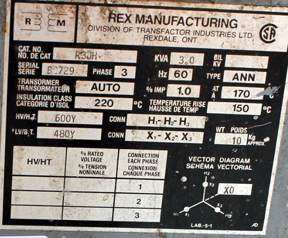 3 kVA Rex Reconditioned Transformer 600-480V Cat No R3JH SKU 3472