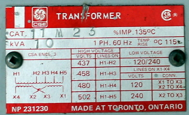 10 kVA GE Reconditioned Transformer 480/240-120/240V Cat No 11M23 SKU 3473