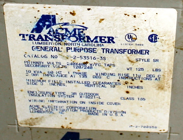 10 kVA ACME Reconditioned Transformer 240/480-120/240V Cat No T2-53516-3S SKU 3474