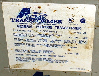 10 kVA ACME Reconditioned Transformer 240/480-120/240V Cat No T2-53516-3S SKU 3474