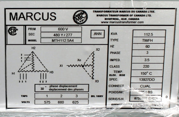 112.5 kVA Marcus Reconditioned Transformer 600-277/480V Cat No MTH112.5A4 SKU 3475