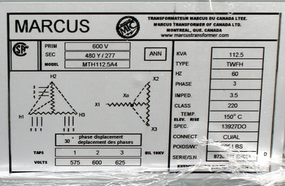 112.5 kVA Marcus Reconditioned Transformer 600-277/480V Cat No MTH112.5A4 SKU 3475