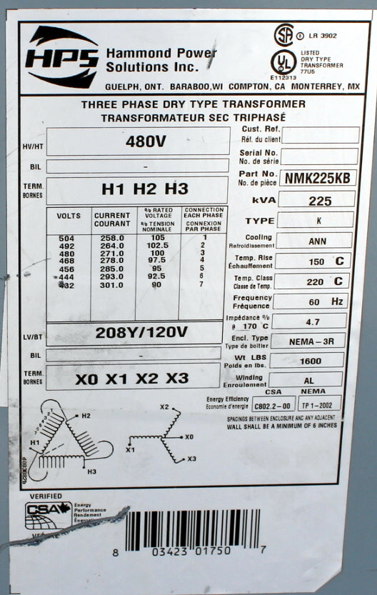 225 kVA HPS Reconditioned Transformer 480-120/208V Cat No NMK225KB SKU 3476