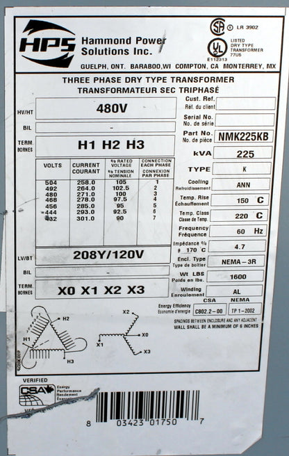 225 kVA HPS Reconditioned Transformer 480-120/208V Cat No NMK225KB SKU 3476